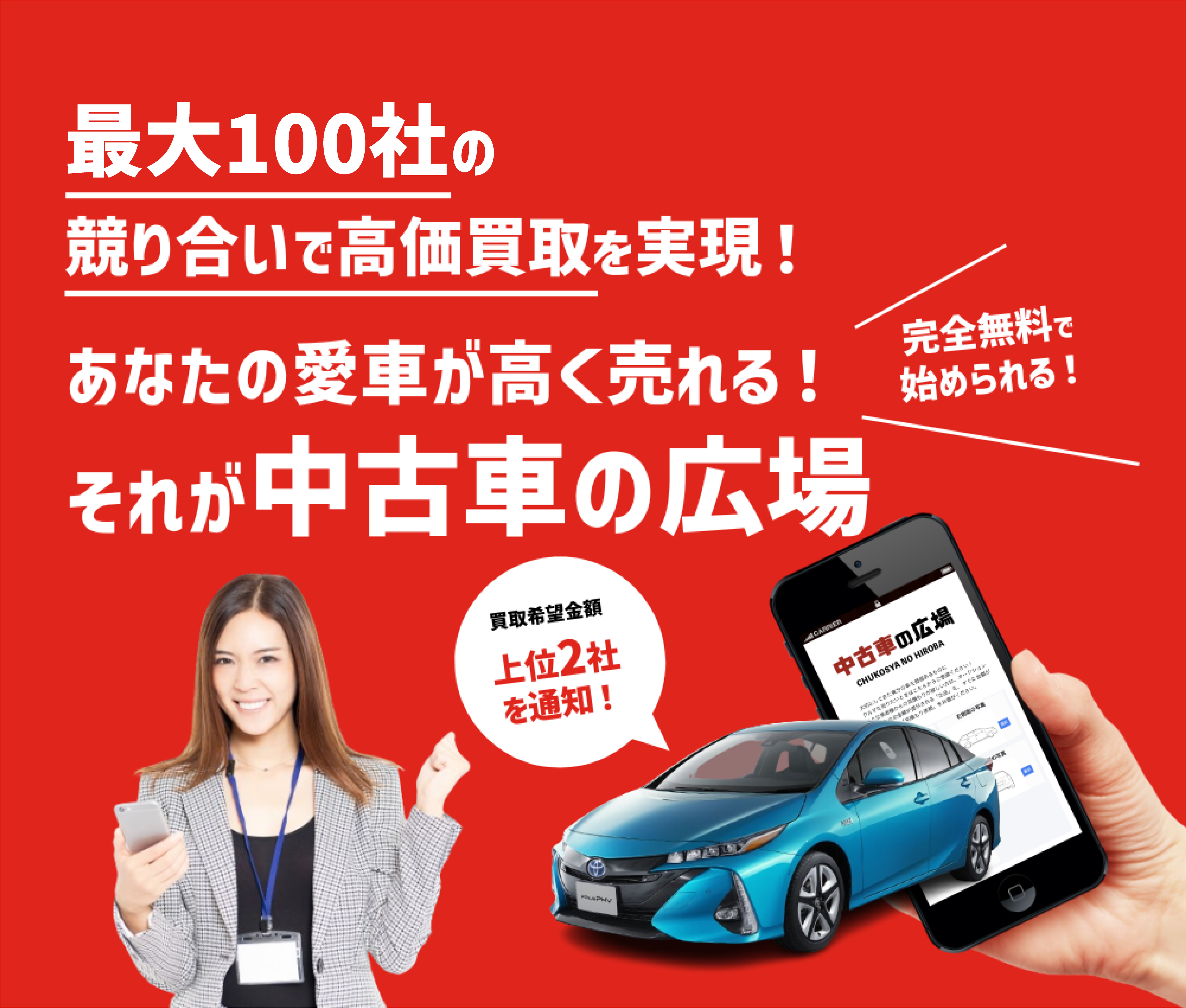 最大100社の競り合いで高価買取を実現！あなたの愛車が高く売れる！それが中古車の広場